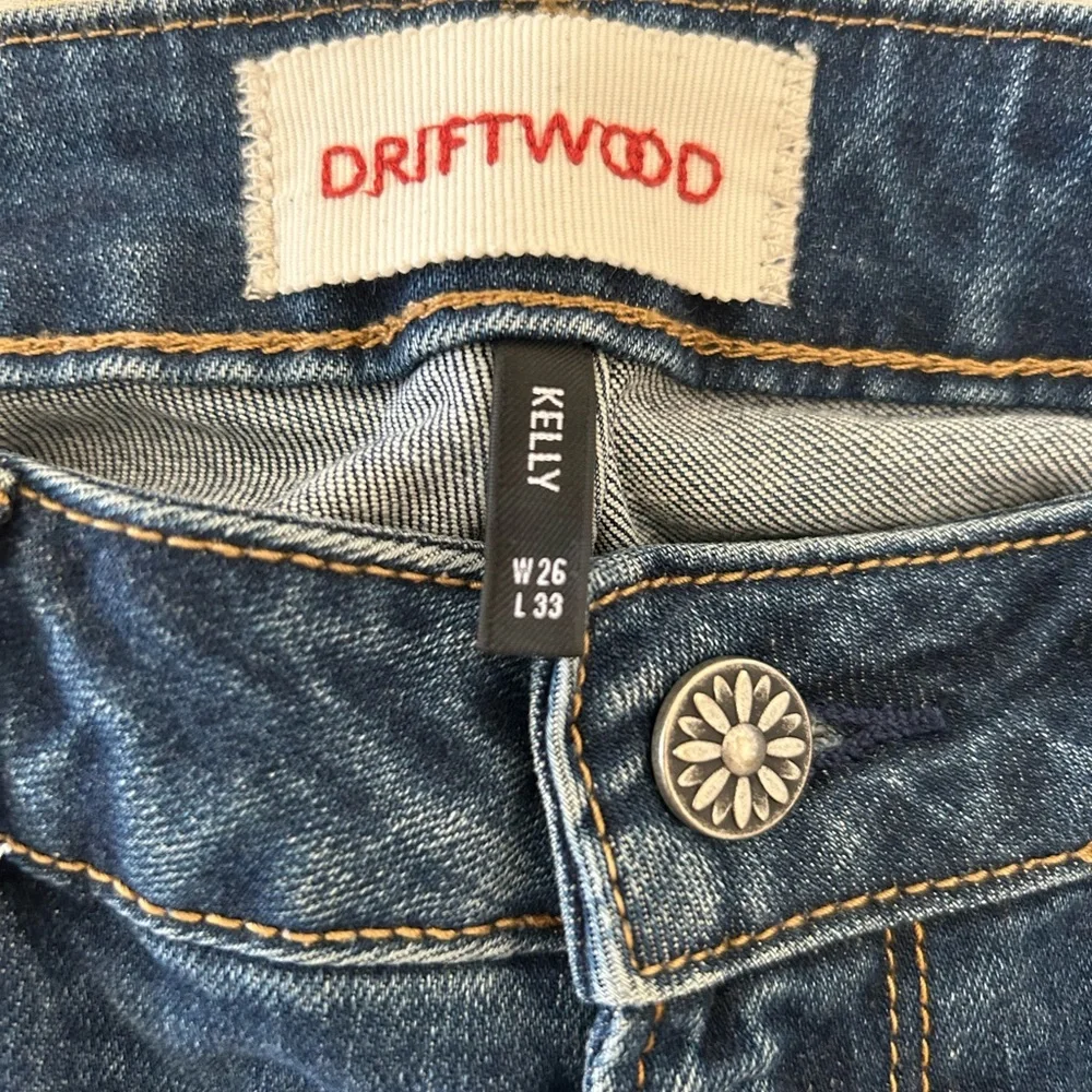 DRIFTWOOD Blue Boot Cut Jeans with Pink Floral Embroidery - Picture 3 of 11